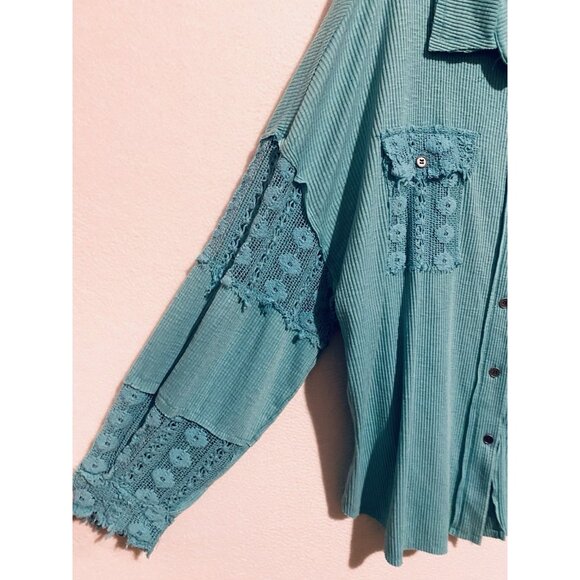 POL Anthropologie Top Womens Medium Teal Blue Crochet Trim Balloon Sleeve Boho - Picture 3 of 8